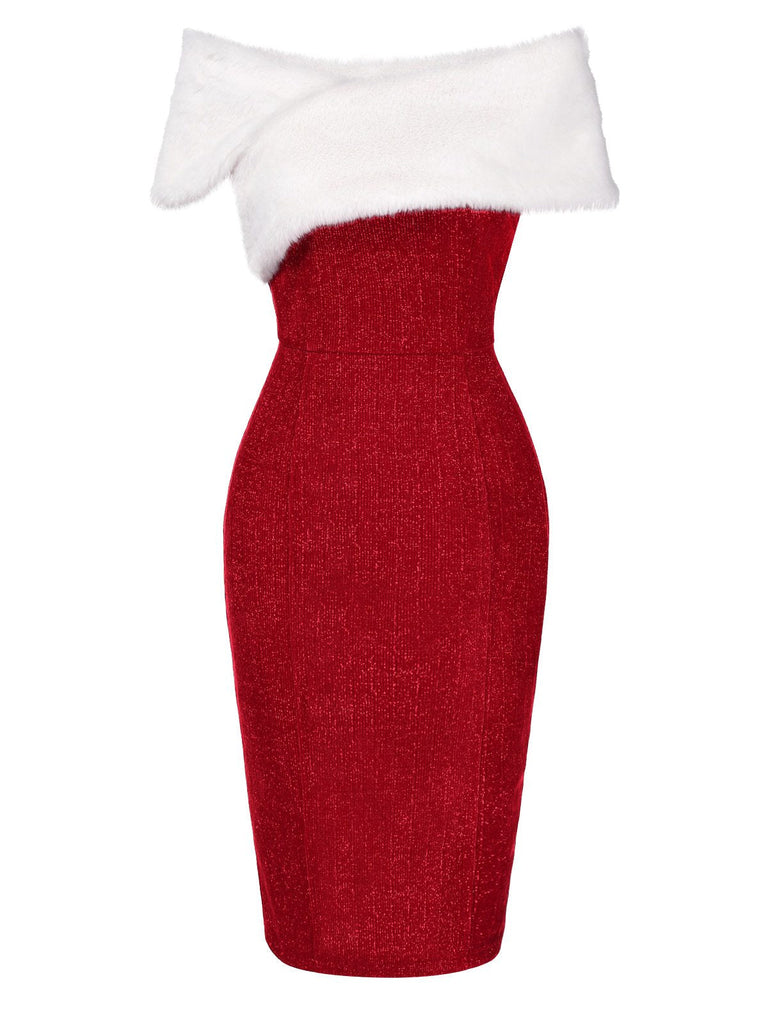 Grün 1960er Kunstpelz Schulterfrei Kleid