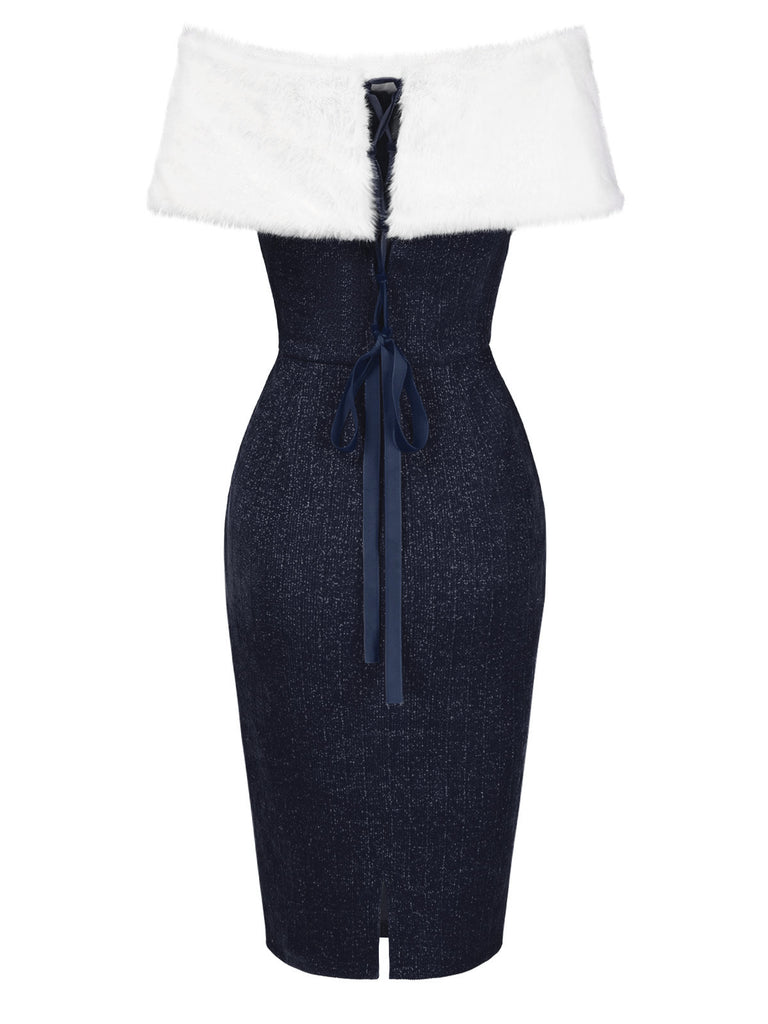 Grün 1960er Kunstpelz Schulterfrei Kleid