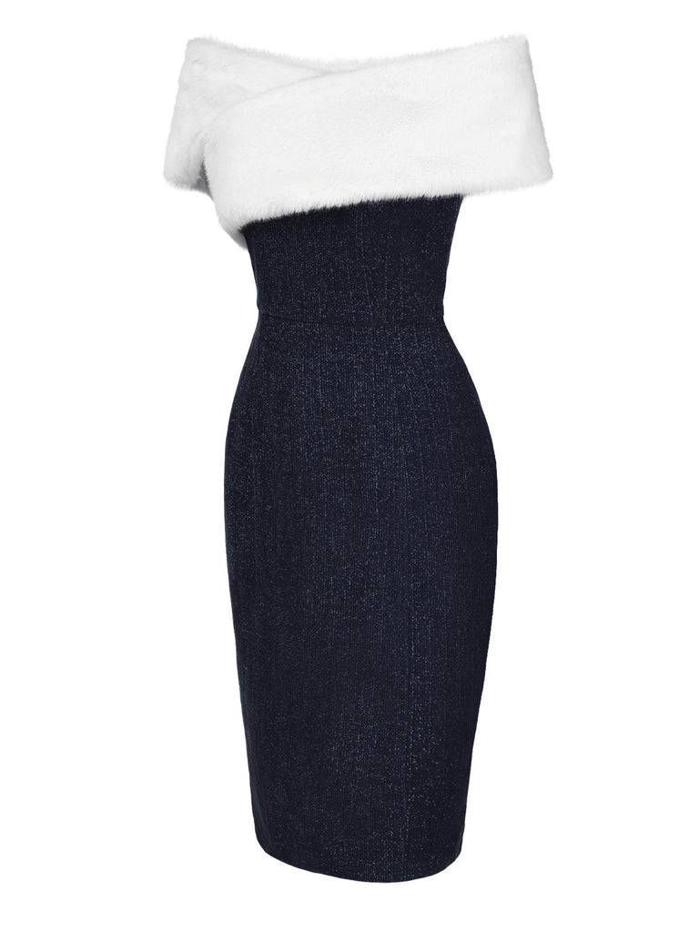 Grün 1960er Kunstpelz Schulterfrei Kleid