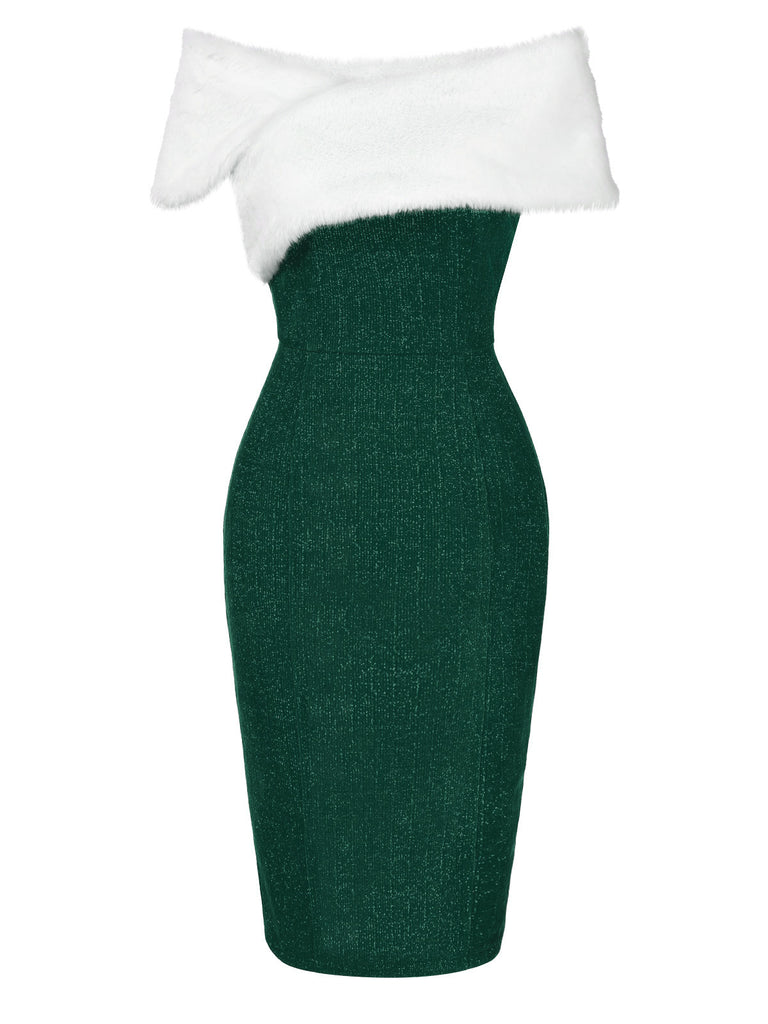 Grün 1960er Kunstpelz Schulterfrei Kleid