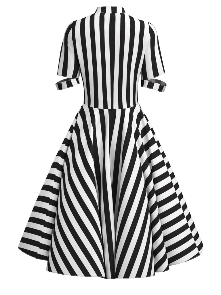 Schwarz 1950er Halloween Beetlejuice Kostüm Streifen Hohl Kragen Kleid