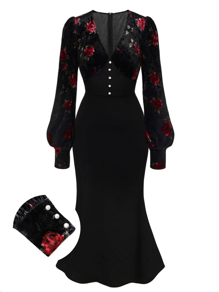 Schwarz 1930er Rose Samt Fischschwanzkleid