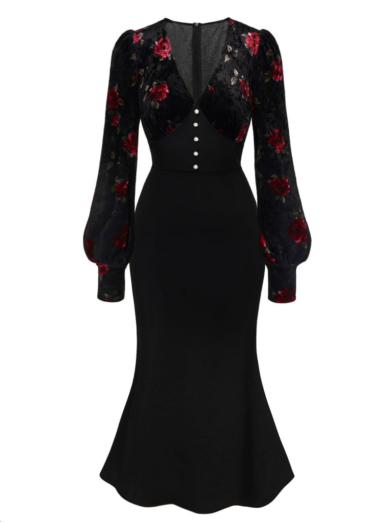 Schwarz 1930er Rose Samt Fischschwanzkleid