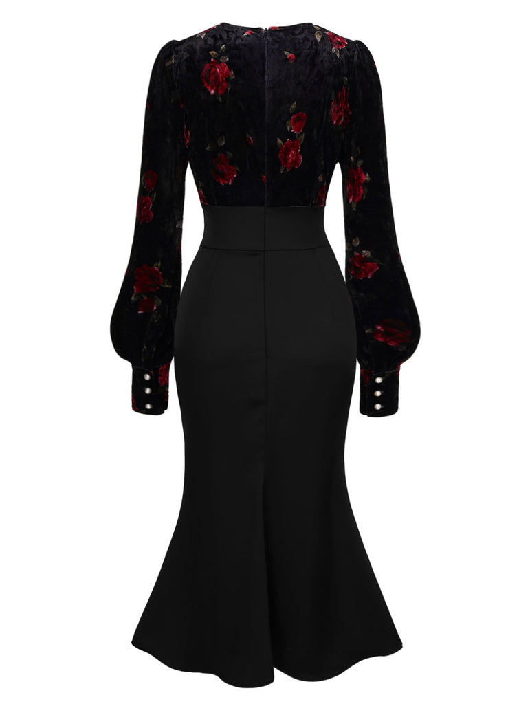 Schwarz 1930er Rose Samt Fischschwanzkleid