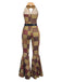 Braun 1970er geometrisches Muster Patchwork Halter Jumpsuit