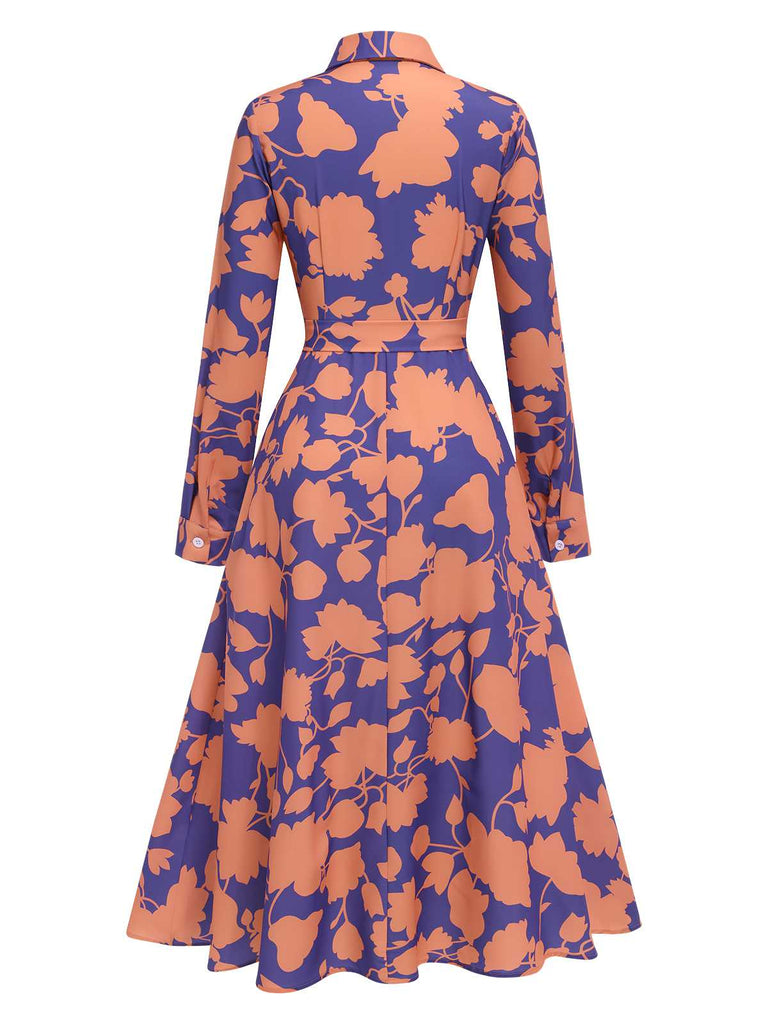 1940er Hemdkragen Blumen Gürtel Kleid