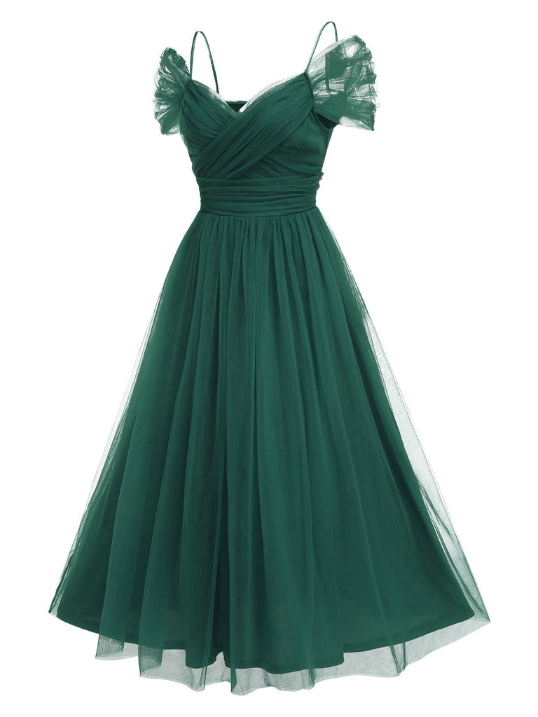 Grün 1950er Spaghetti Träger Schulterfrei Masche Kleid