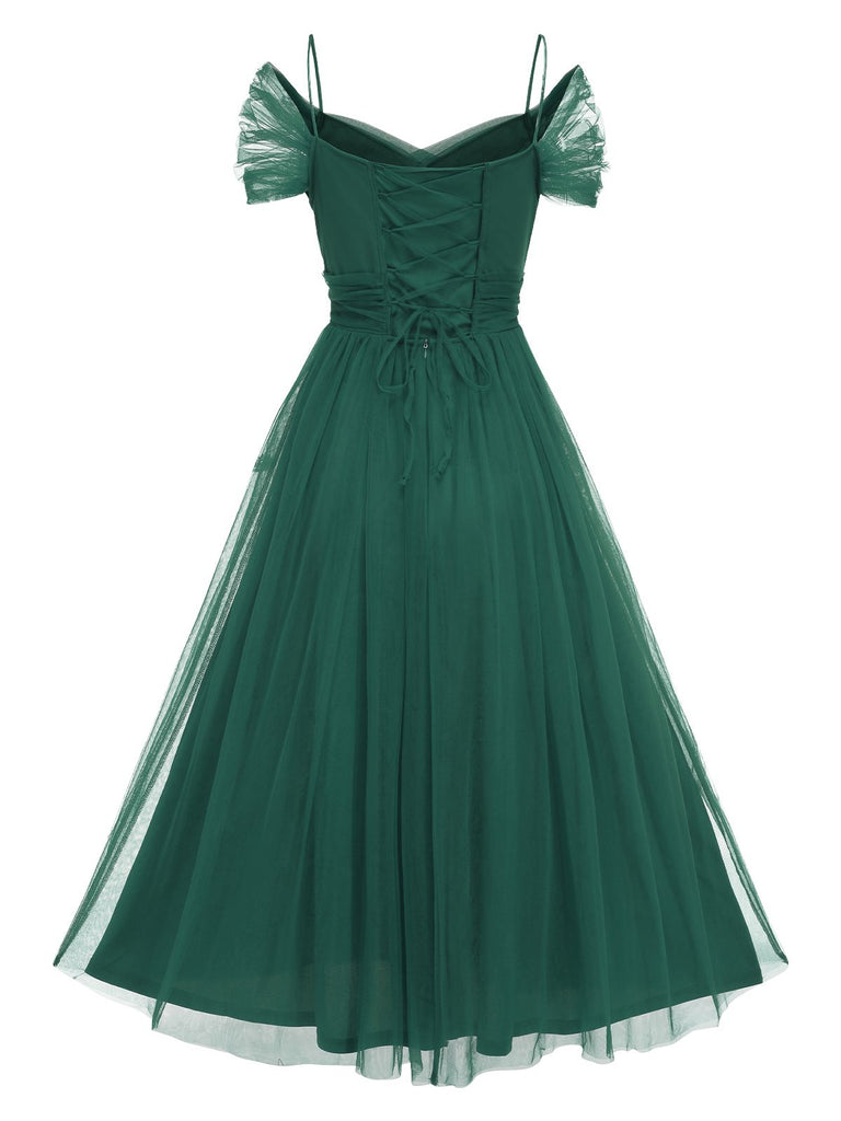 Grün 1950er Spaghetti Träger Schulterfrei Masche Kleid