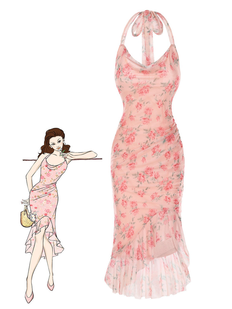 Rosa 1930er Rose Seide Netz Meerjungfrauenkleid