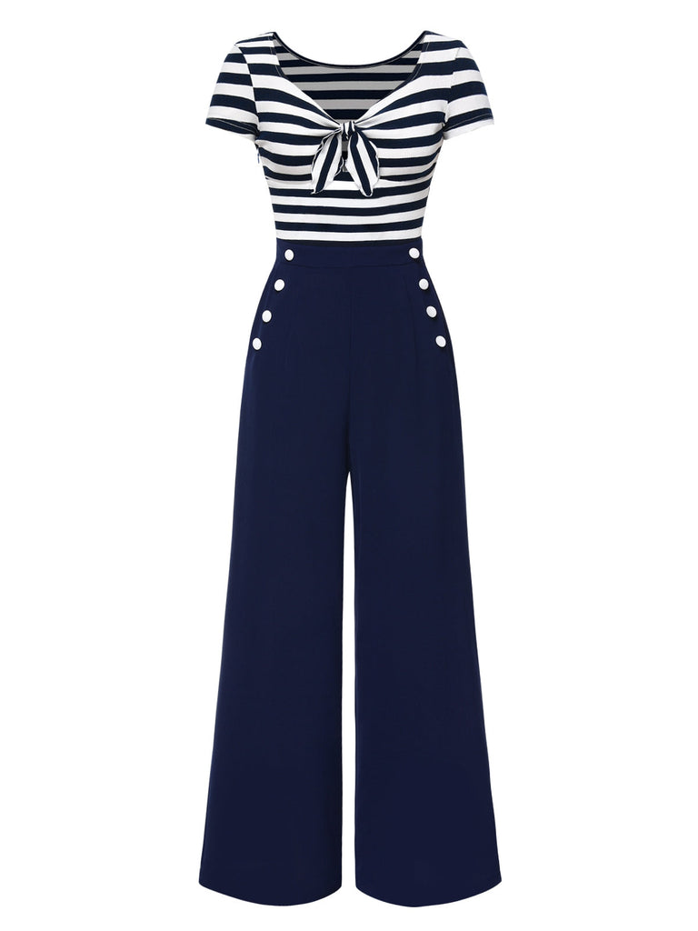 Blau 1950er Hohl Bogen Streifen Patchwork Jumpsuit