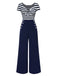 Blau 1950er Hohl Bogen Streifen Patchwork Jumpsuit
