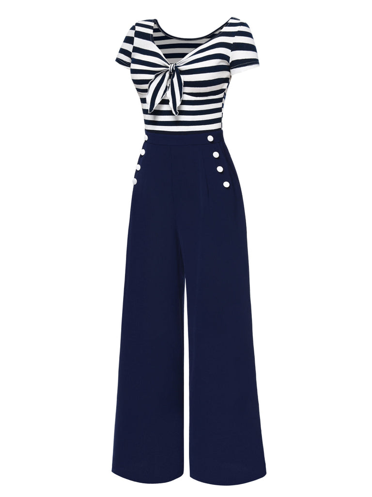 Blau 1950er Hohl Bogen Streifen Patchwork Jumpsuit
