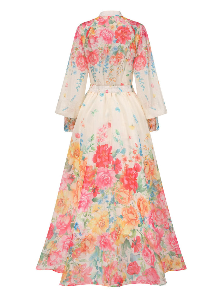 2PCS Multicolor 1950er Stehkragen Blumen Bluse & Rock