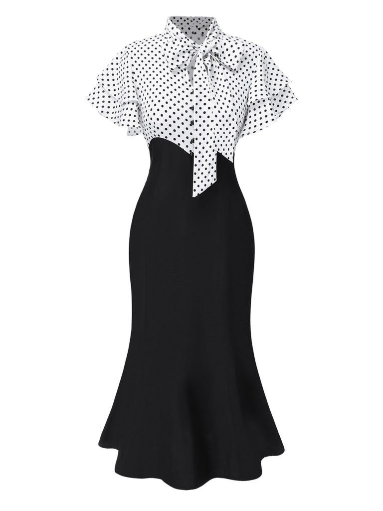 Schwarz 1930er Dots Krawattenhals Meerjungfrauenkleid