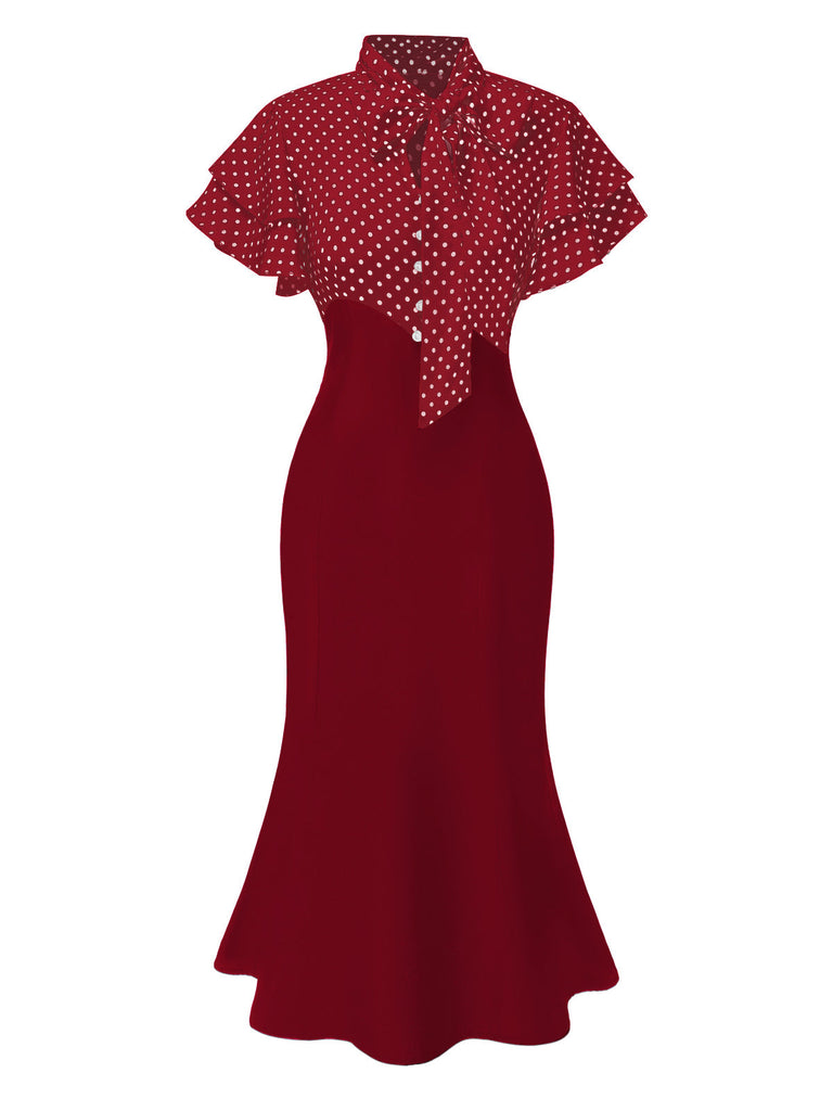 Schwarz 1930er Dots Krawattenhals Meerjungfrauenkleid