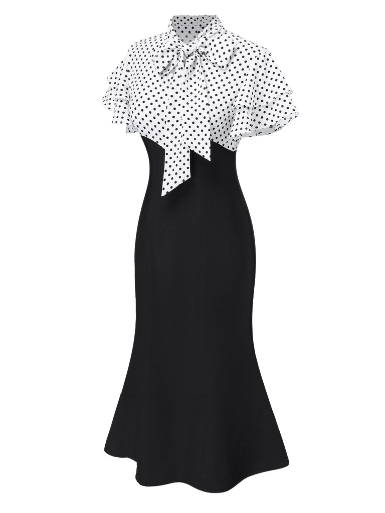 Schwarz 1930er Dots Krawattenhals Meerjungfrauenkleid