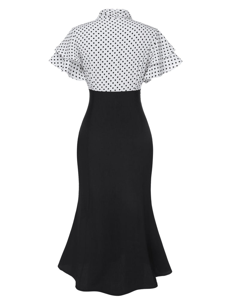 Schwarz 1930er Dots Krawattenhals Meerjungfrauenkleid
