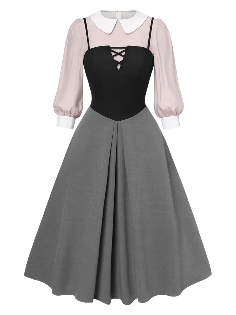2PCS 1940er Farbblock Rosa Bluse & Grau Kleid