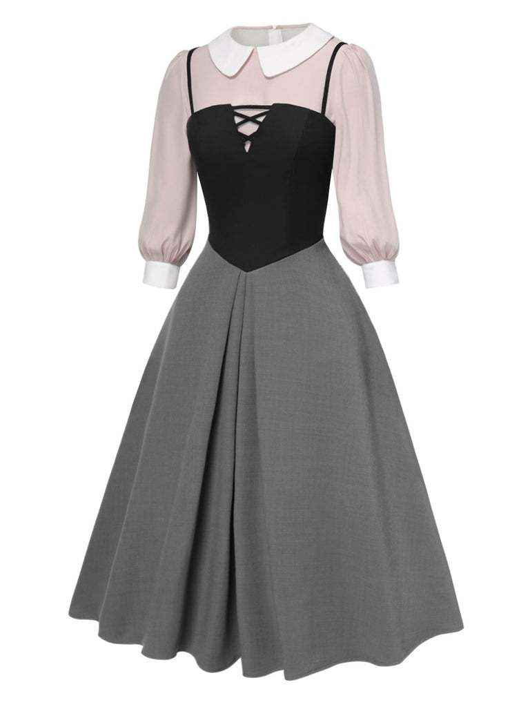 2PCS 1940er Farbblock Rosa Bluse & Grau Kleid