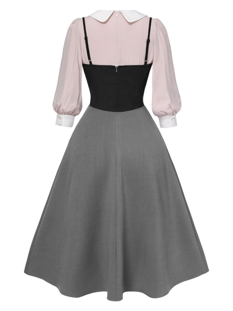 2PCS 1940er Farbblock Rosa Bluse & Grau Kleid