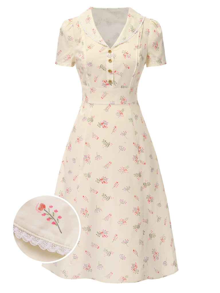 Blau 1940er Baumwolle Puffärmel Revers Blumen Kleid
