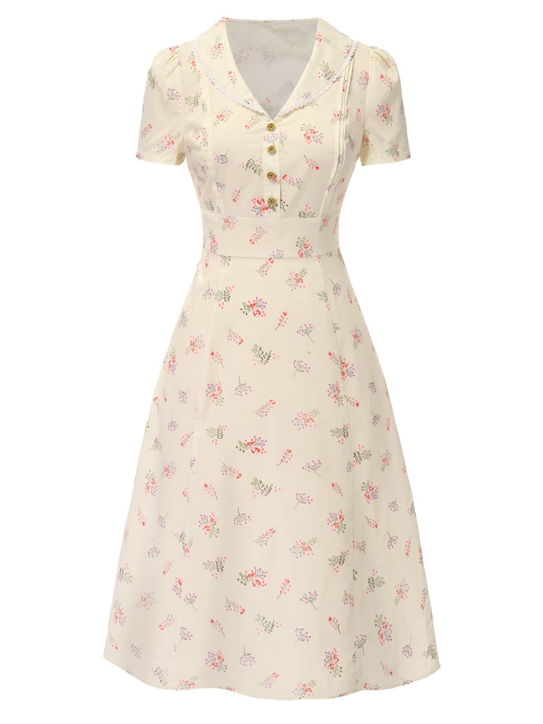 Blau 1940er Baumwolle Puffärmel Revers Blumen Kleid