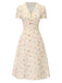Blau 1940er Baumwolle Puffärmel Revers Blumen Kleid