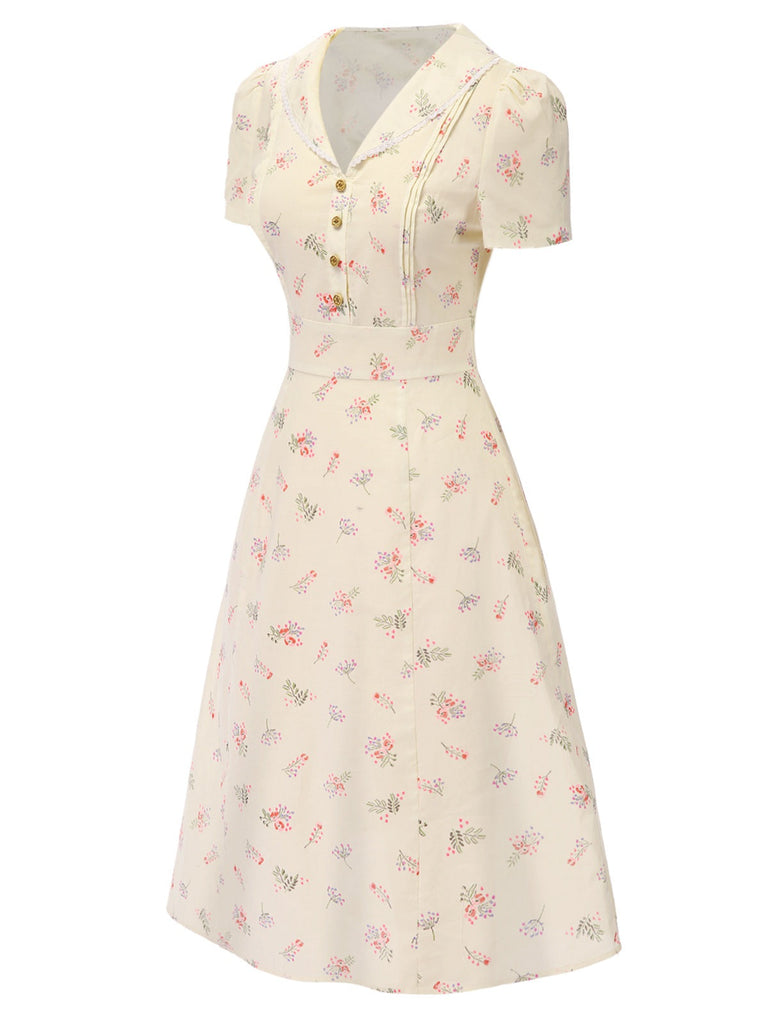 Blau 1940er Baumwolle Puffärmel Revers Blumen Kleid
