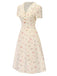 Blau 1940er Baumwolle Puffärmel Revers Blumen Kleid