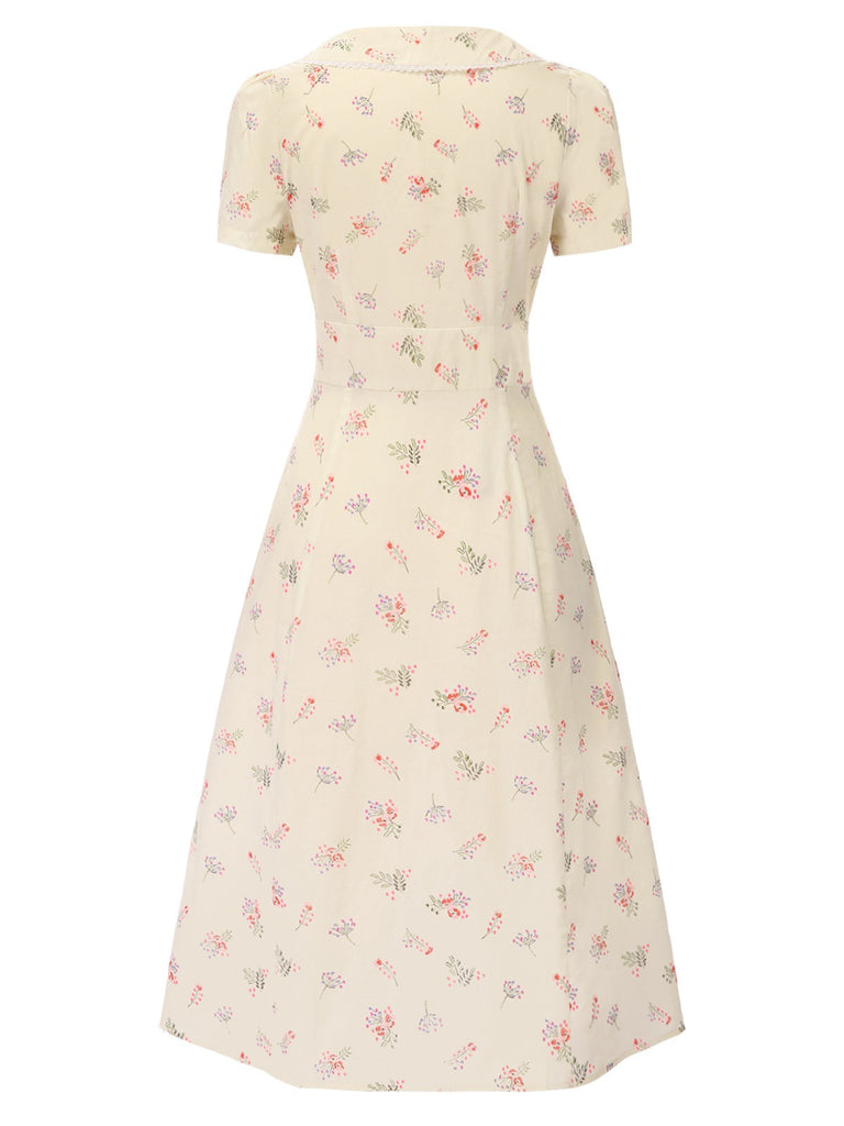 Blau 1940er Baumwolle Puffärmel Revers Blumen Kleid