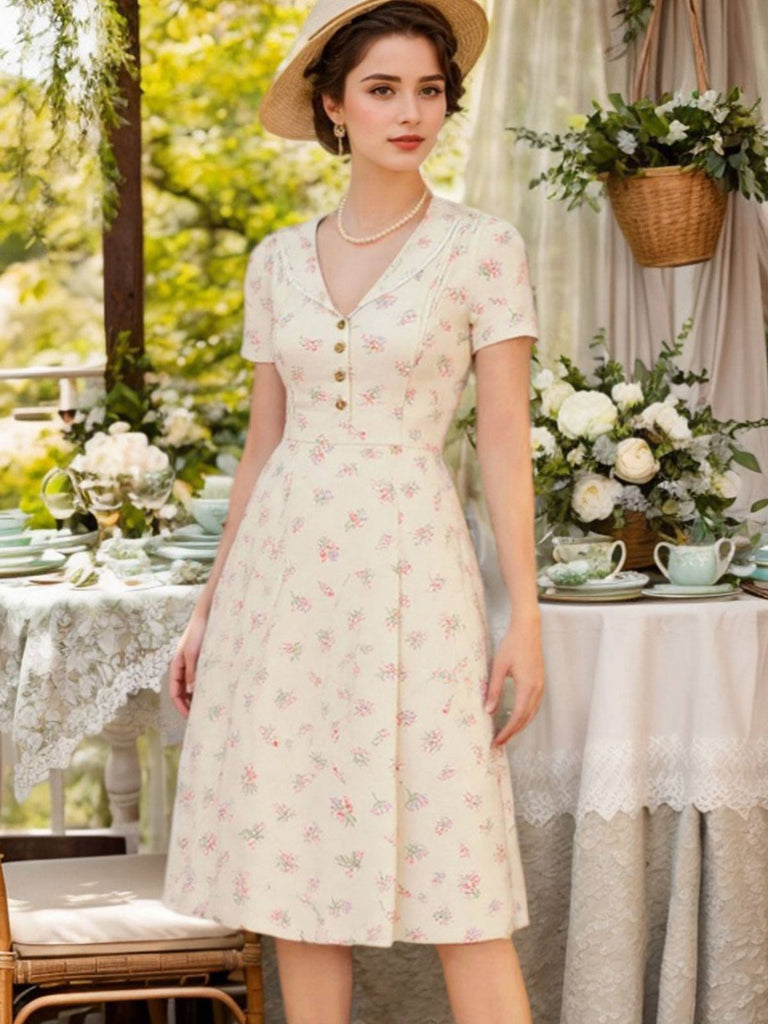 Blau 1940er Baumwolle Puffärmel Revers Blumen Kleid