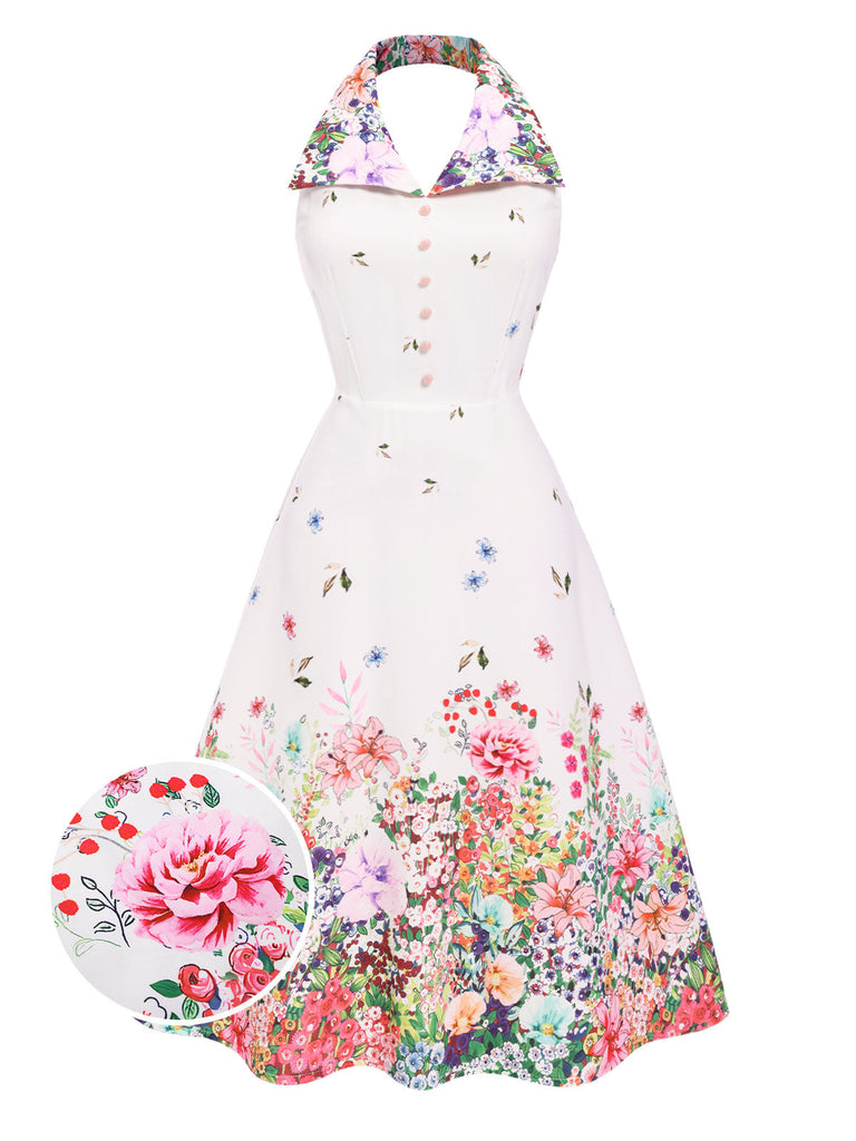 Weiß 1940er Blumen Revers Spleißen Kleid