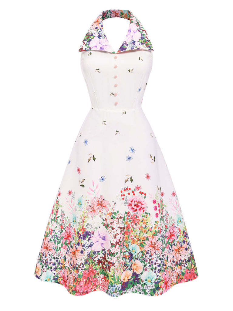 Weiß 1940er Blumen Revers Spleißen Kleid