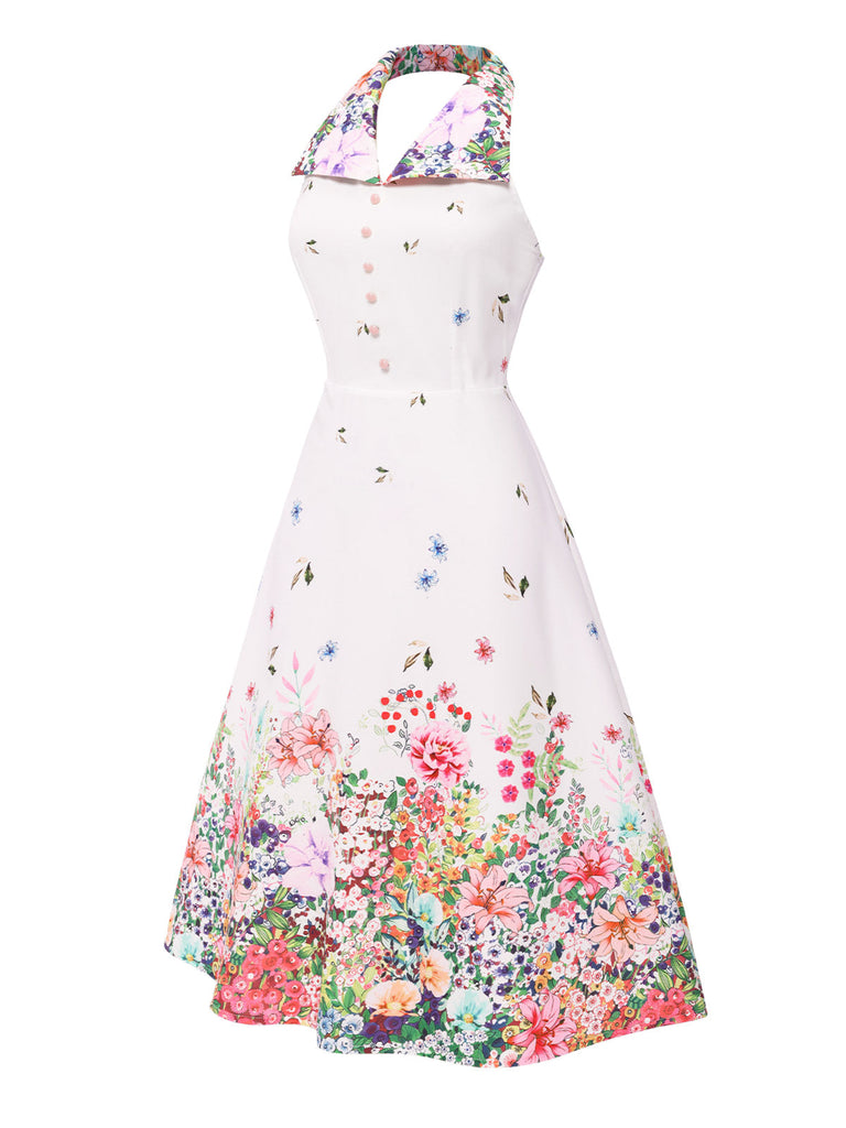 Weiß 1940er Blumen Revers Spleißen Kleid