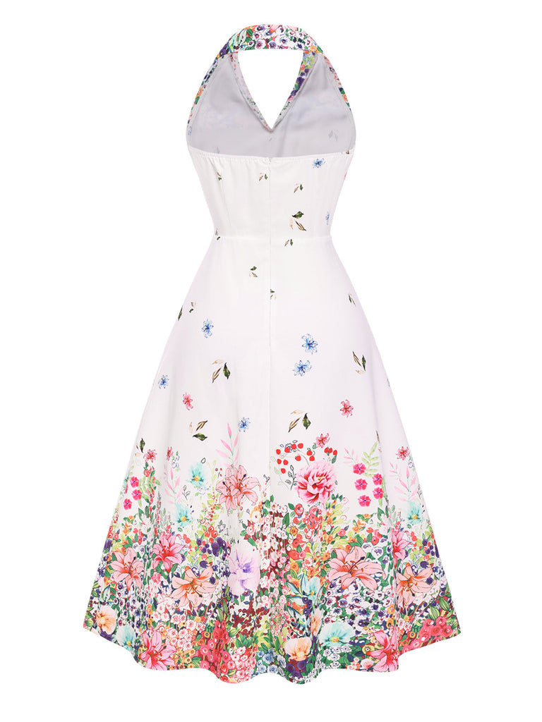 Weiß 1940er Blumen Revers Spleißen Kleid