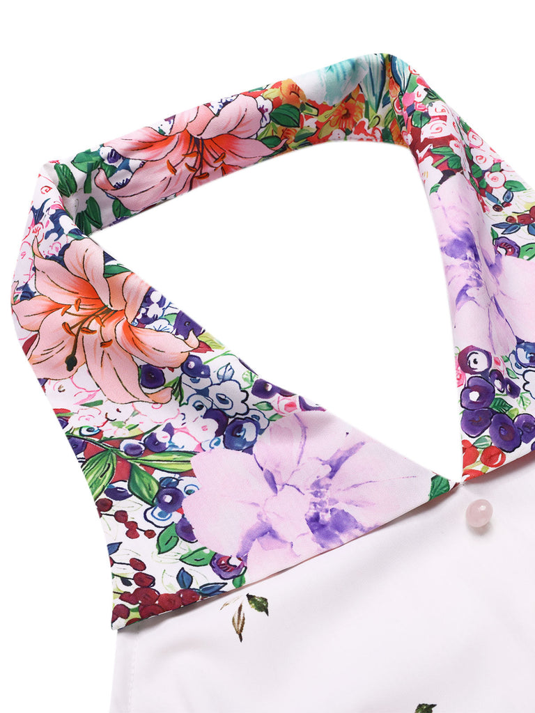 Weiß 1940er Blumen Revers Spleißen Kleid