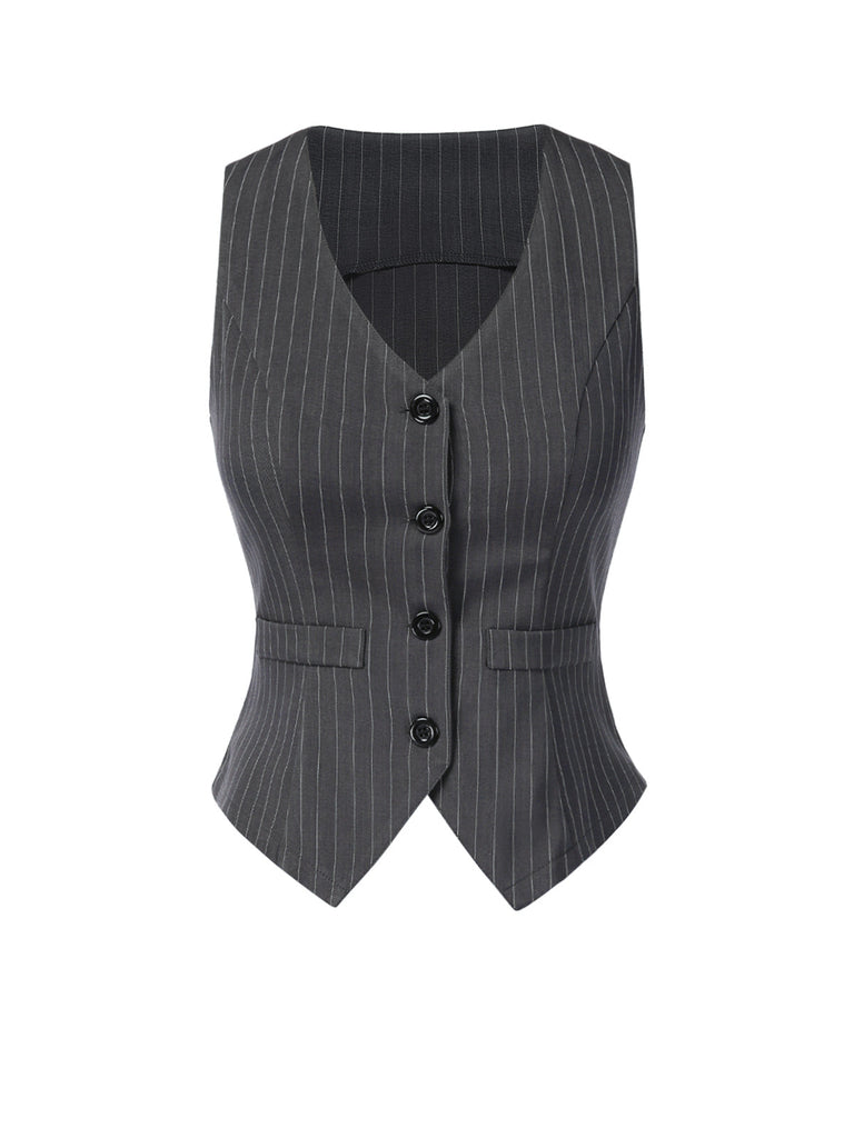 Dunkelgrau 1960er V-Ausschnitt Nadelstreifen Ärmellos Top