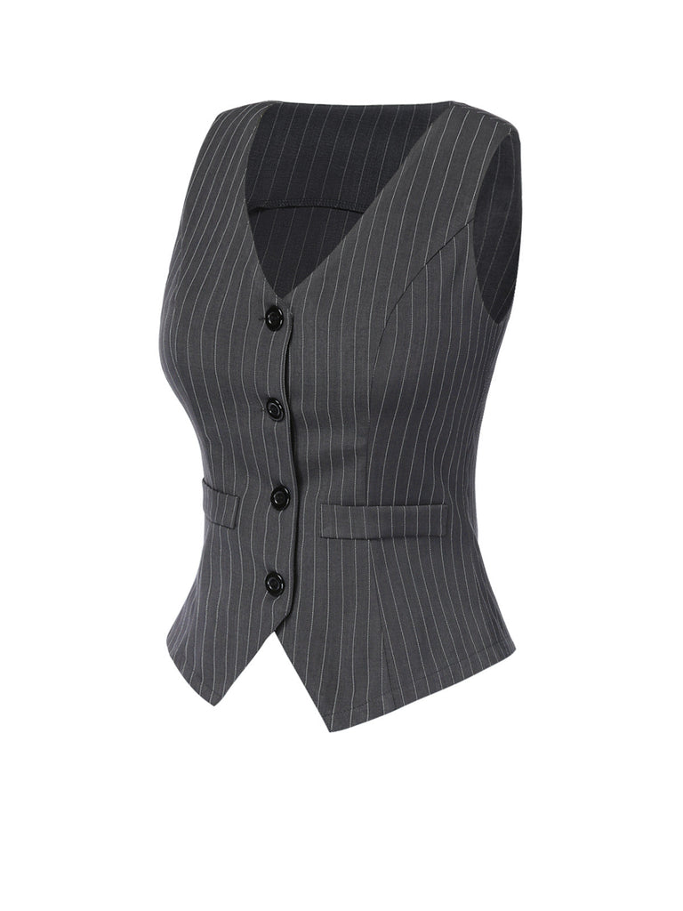 Dunkelgrau 1960er V-Ausschnitt Nadelstreifen Ärmellos Top