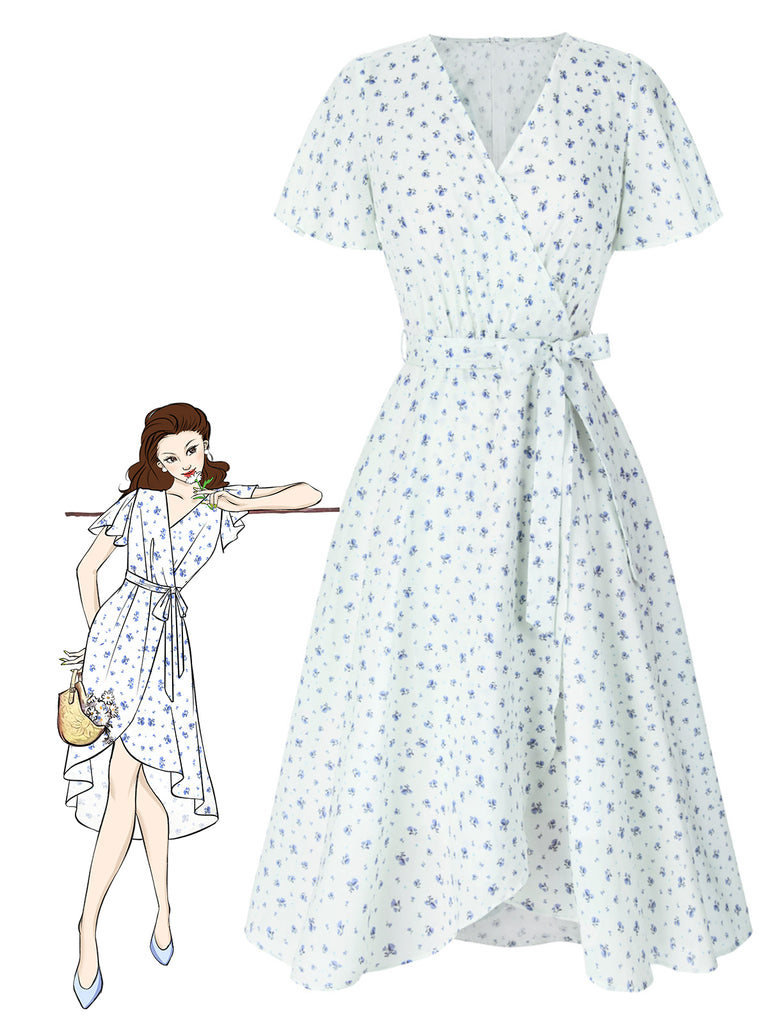 Weiß 1940er Baumwolle Diagonale Träger Blumen Kleid