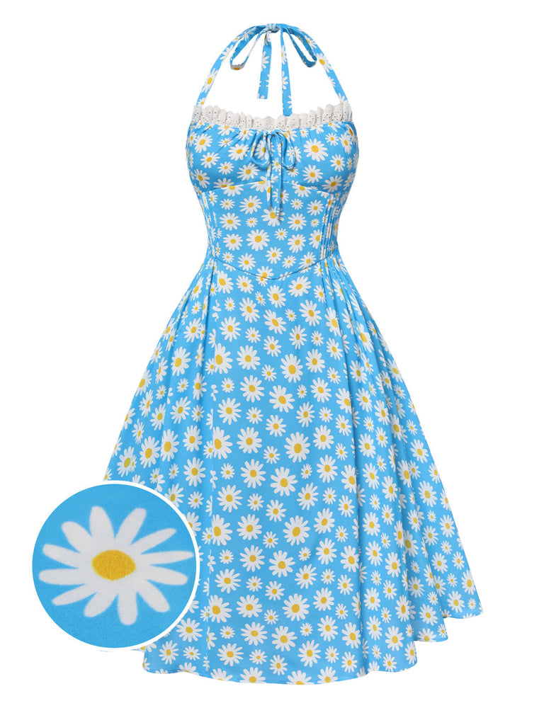 Blau 1950er Halter Spitze Gänseblümchen Kleid