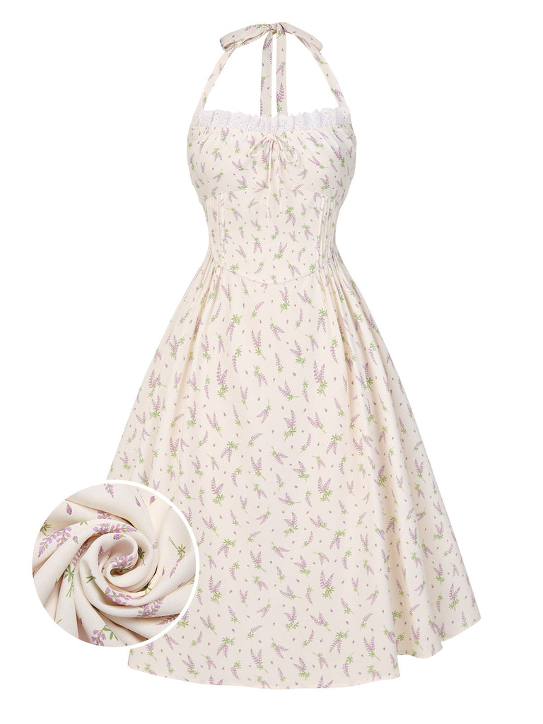 Blau 1950er Halter Spitze Gänseblümchen Kleid