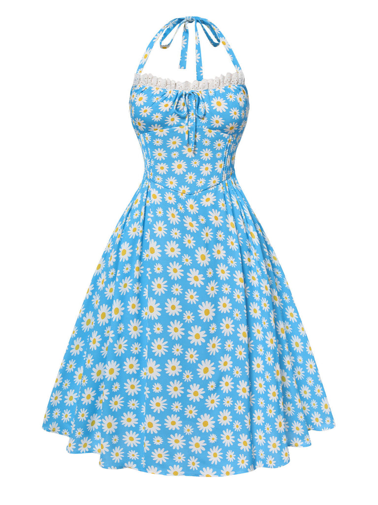 Blau 1950er Halter Spitze Gänseblümchen Kleid