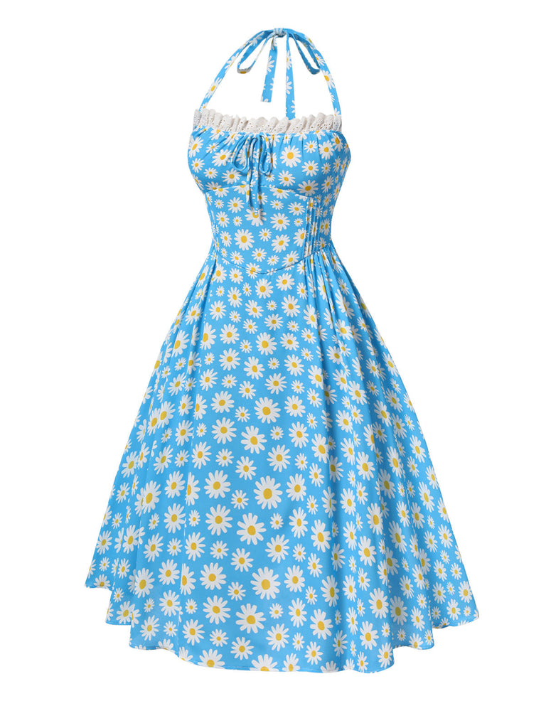 Blau 1950er Halter Spitze Gänseblümchen Kleid