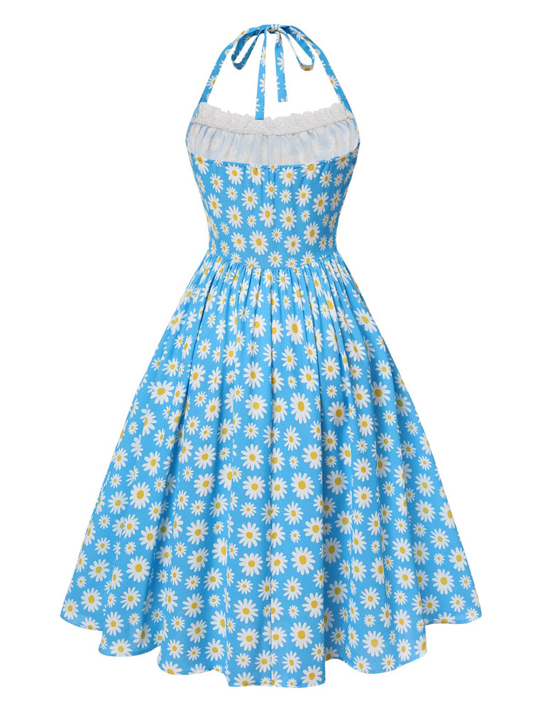 Blau 1950er Halter Spitze Gänseblümchen Kleid