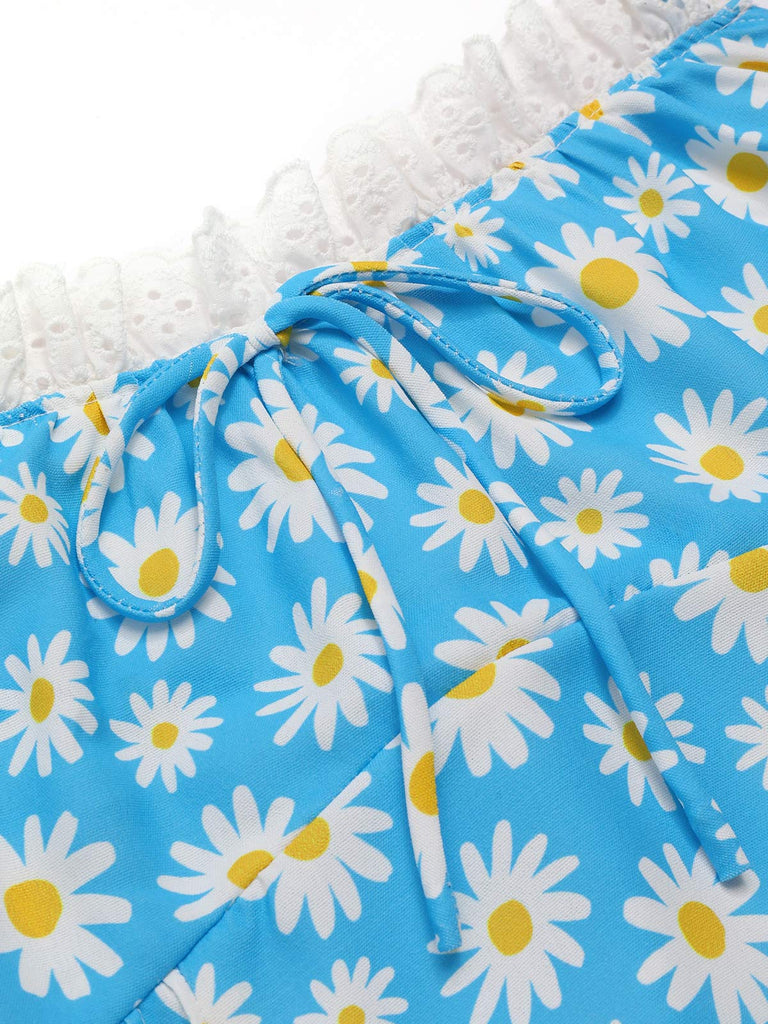 Blau 1950er Halter Spitze Gänseblümchen Kleid