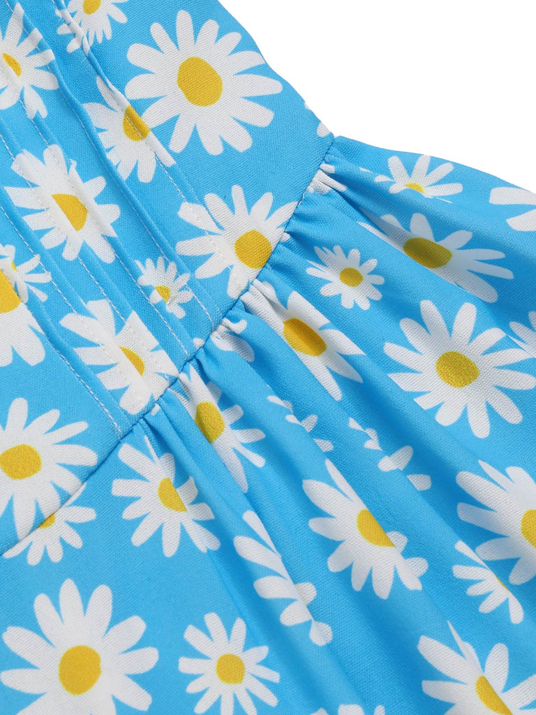Blau 1950er Halter Spitze Gänseblümchen Kleid