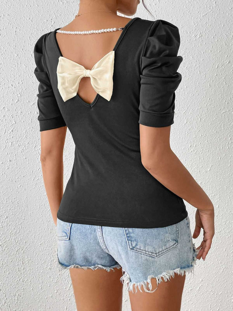 Schwarz 1940er Puffärmel Rückwärtsbogen Perle Top