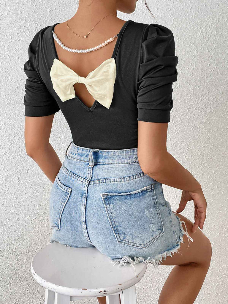 Schwarz 1940er Puffärmel Rückwärtsbogen Perle Top