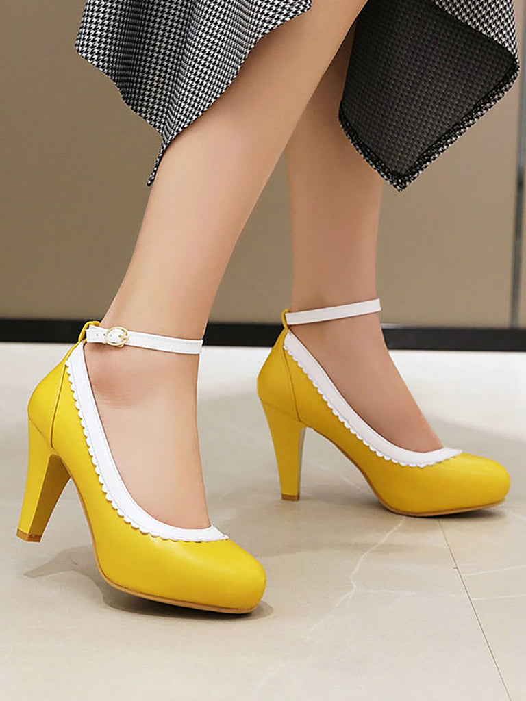 Dunkelgelb VINTAGE ROUND HOHE ABSATZ SCHUHE