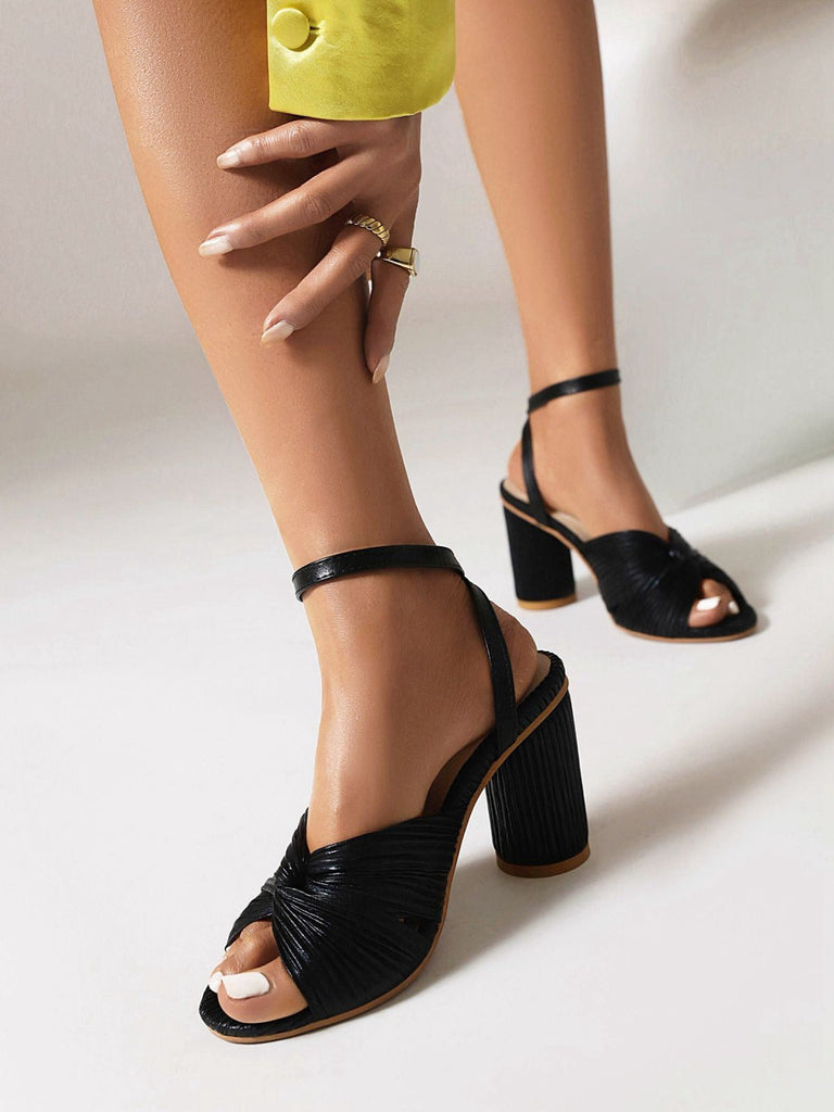 Vintage Plissiertes Twist Peep Zehe Schnalle Klobig Hoch Absätze